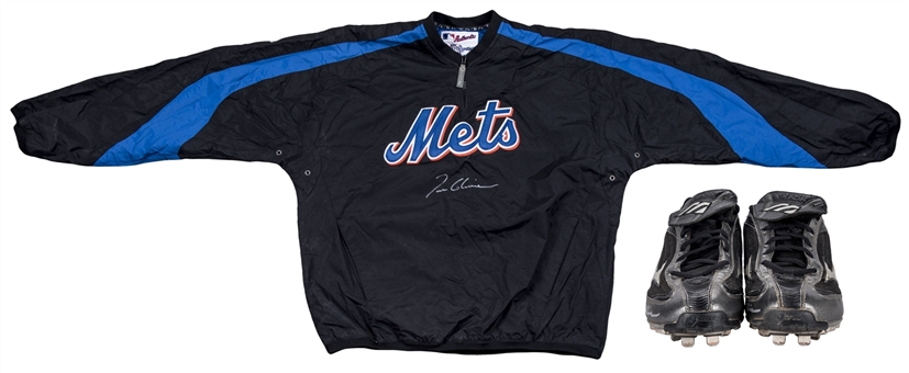 Lot of (2) Circa 2005 Tom Glavine Game Used & Signed Mizuno Cleats & New York Mets Pullover Jacket (JT Sports, Beckett) 